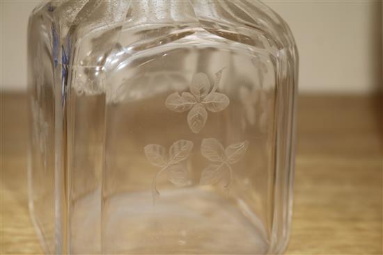 Four 18th/19th century etched glass flasks, one with silver mounted stopper tallest 19.5cm